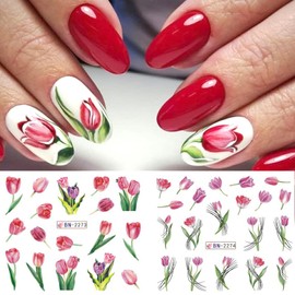 Tulip Flower Nail Art Stickers, Holographic Flowers Nail Water Transfer Decals Design, Pink Floral Nail Sticker Acrylic Supplies for Women Manicure Charms Decorations, DIY Resin Nail Decal Tattoo