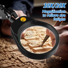 10x & 20x Magnifying Glass with Light and Stand, Magnifier with Light and Dust Cover, 2 in 1 Desk Clamp Dual Use, 3 Color Modes, Infinite Dimming, Magnifying Glass for Close Work, Reading & Craft