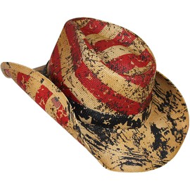 American Flag Straw Cowboy Hat, USA L-XL Size 8, Vintage Look W/Paint Splatter
