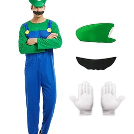 Metaparty Metaparty Cartoon Cosplay Costume for Adults & Kids - Brother Fancy Dress Outfit with Hat, Gloves & Mustache - 4 Piece Set