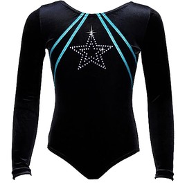 Gymnastics Leotard GymStar Long Sleeve Velour Velvet & Rhinestones Girls Gymnastics Leotard Velvet Body Kids Gymnastics, Velvet in black with turquoise