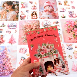 Dwpetzo Christmas Sticker Book for Journaling, Pre-Cut PET Stickers with Self-Adhesive Washi Paper, Xmas Background Materials for Junk Journals Supplies, Scrapbooking, Card Making, 20 Sheets (Pink)