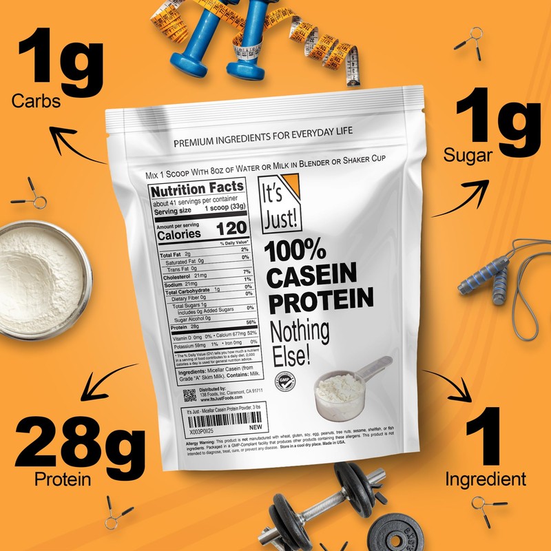 It's Just! - 100% Casein Protein Powder, Made in USA,