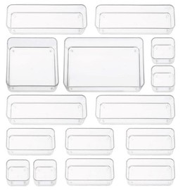 primebox Fifteen Pieces. Plastic Clear Drawer Organizers. Bathroom, Kitchen, Bedroom, Utensils, Office Organizer Bins, Storage Trays. Heavy Duty, Stackable 5 Sizes.