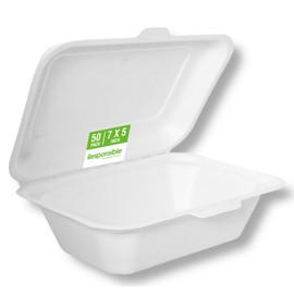 Responsible Products 7 x 5 inch Hinged Containers, Tree-Less™ Compostable Molded Fiber Takeout Containers, Extra Strength, Tree-Free and Made Without PFAS, White (50 Count)