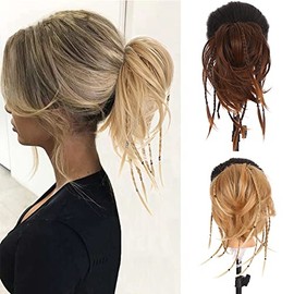 Dybst Synthetic Messy Hair Bun Tousled Wavy Elastic Braided Chignon Hairpiece Hair Rubber Scrunchie Extensions Instant Ponytail Updo for Women (Light Blonde/Bleach Blonde)