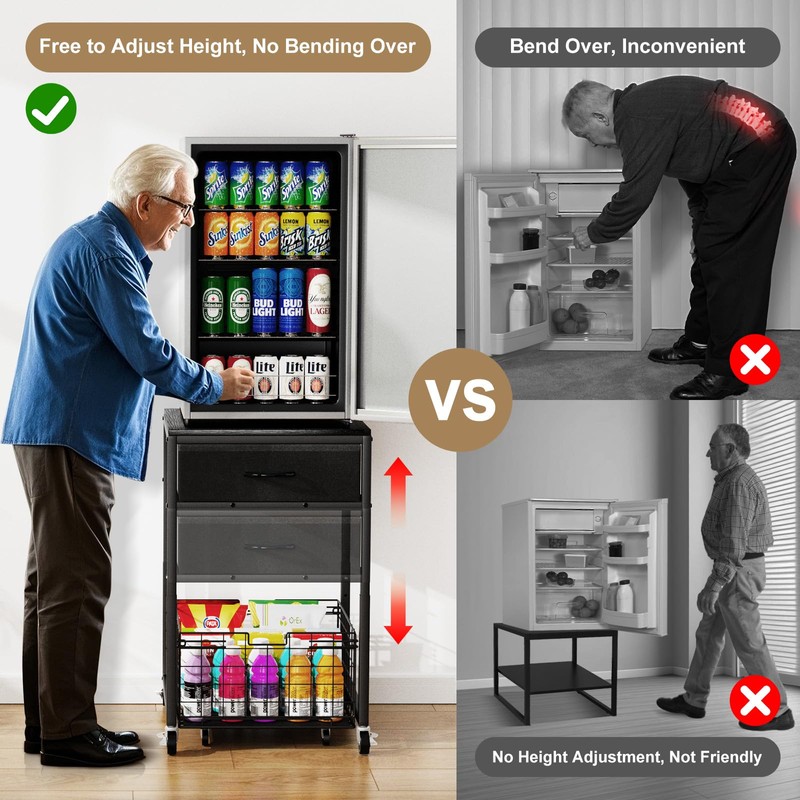 Housolution Mobile Mini Fridge Stand with Storage, Height-Adjustable Mini Beverage