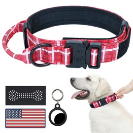 Hotsky Tactical Dog Collar, Adjustable Military Training Nylon Airtag Collar with Handle and Heavy Duty Metal Buckle for Medium Large Dogs, with Airtag Holder and Two Patches（Redplaid,M）