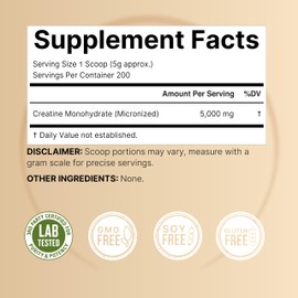 NatureBell Creatine Monohydrate Powder 1,000g, 5,000mg Per Serving | Micronized, Pure & Unflavored | Pre-Workout Muscle Support | Keto, Vegan, Filler-Free | 200 Servings (2.2 lb)