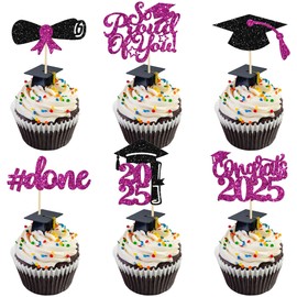 Gyufise 24Pcs Graduation Cupcake Toppers 2025 Purple Glitter Class of 2025 Cupcake Toppers So Proud of You Congrats Grad Cap Diploma Cupcake Picks for Graduation Party Decorations