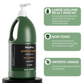 Nicpro Sap Green Large Acrylic Paint Set (69 oz, 2040 ml) Rich Art Painting Supplies Non Toxic for Multi Surface, Canvas, Wood, Leather, Fabric Stone Craft, for Kids & Adults with Pump