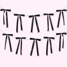 Riceshoot Pearl Bow Garland Banner for Bachelorette Party Decorations, Coquette Birthday Party, 9 Yds Bow Party Decor Banner for Bridal Shower, Wedding Favors, Engagement Supplies(Black)