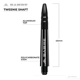 Mission Darts Sabre Shafts | Durable Black Polycarbonate Stems with Coloured Aluminium Top | 1 Set of 3 Shafts | Black | Tweenie (S1510)