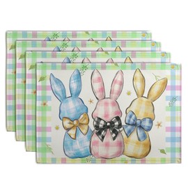 Wnoesat Easter Bunny Placemats Set of 4 Green Blue Pink Yellow Buffalo Plaid Rabbits Floral Bow Place Mats 12x18 Inch Happy Easter Table Mats for Spring Party Kitchen Dining Holiday Decor