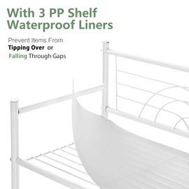 MallBoo 3-Tier Metal Freestanding Storage Shelf,Standing Bathroom Shelves with 3 x PP Shelf Liners and 4 x Hooks for Laundry Kitchen Office (White)