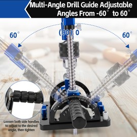 Upgraded Portable Drill Guide – 0° to 60° & 90° Adjustable Aluminum Drill Jig with 6.5" Wide Base, 1/2" Chuck, Self-Centering Pins, Dual Guide Rods & Depth Stop – Precision Fixture for Wood