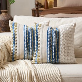 Aeckself Boho Chenille Tufted Throw Pillow Covers 18x18 Inch Set of 2, Farmhouse Decorative Striped Square Pillow Covers Accent Neutral Pillowcase for Living Room Couch Bed, Blue