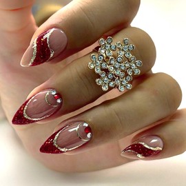 Short Almond Press on Nails Red French Tip False Nails Glossy Acrylic Nails with Glitter Sequins Rhinestones Designs Golden Lines Fake Nails Press ons Nude Almond Glue on Nails for Girls 24Pcs