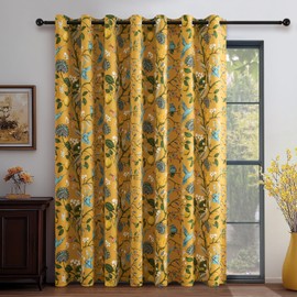 Topfinel Sliding Door Patio Floral Curtains & Drapes, Blackout Extra Wide Room Divider Large Mustard Yellow Vintage Farmhouse Country Hummingbird Patterned Grommet Curtains 1 Single Panels W100 x L84