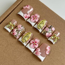 Press On Nails Handmade Short Duck Nails, Glossy Art Designs Reusable Acrylic Artificial Stick On Nails, 10 Pcs False Nails Set (Size M)