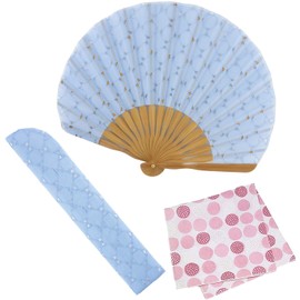 Osaka Choseido Folding Fan, Women's, Stylish, Business, Folding Fan Bag, Handkerchief Included, Embled, blue (pale)