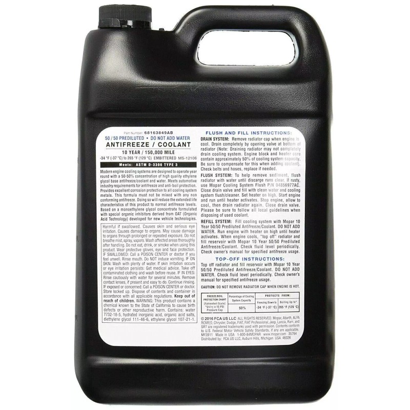 Mopar 50/50 Prediluted Antifreeze Coolant 1 Gallon Ethylene Glycol OAT