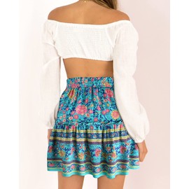 Alelly Falda de cintura alta con volantes para mujer, diseño floral, columpio, playa, Azul (Blue Flower), XL