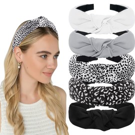 AHONEY 5 Pack Black Knotted Headbands for Women Wide Headbands for Women's Hair Top Knot Non Slip Cute Hair Accessories Leopard Print Diademas Para Mujer (Black)