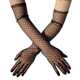 2 Pairs Black Lace Polka Gloves for women, Women's Tulle Fingerless Gloves Long Wedding Bridal Opera Party Gloves sun protection sleeves (14 polka)