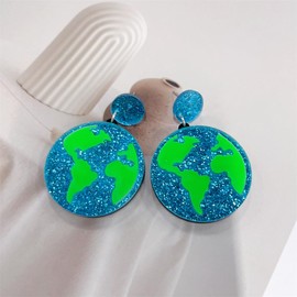 Cute Round Planet Earth Dangle Drop Earrings for Women Acrylic Glitter Circle Ocean World Earth Day Lightweight Statement Dangling Hanging Hypoallergenic Fashion Y2k Jewelry for Her (Style 2 Shiny)