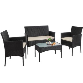 PROHIKER 4 Piece Outdoor Wicker Patio Conversation Furniture Set, Rattan Chair Wicker Sofa Garden Conversation Sets with Cushion and Glass Table for Yard Pool or Backyard, Black/Beige