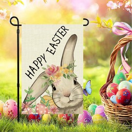 Easter Garden Flag 12x18 Inch Double Sided Outside, Rabbit Flowers Small Burlap Yard Outdoor Decoration