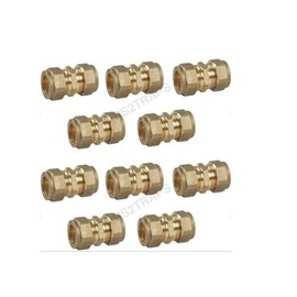 Pack of 10, 15mm Brass Compression Couplers, WRAS Approved Couplings