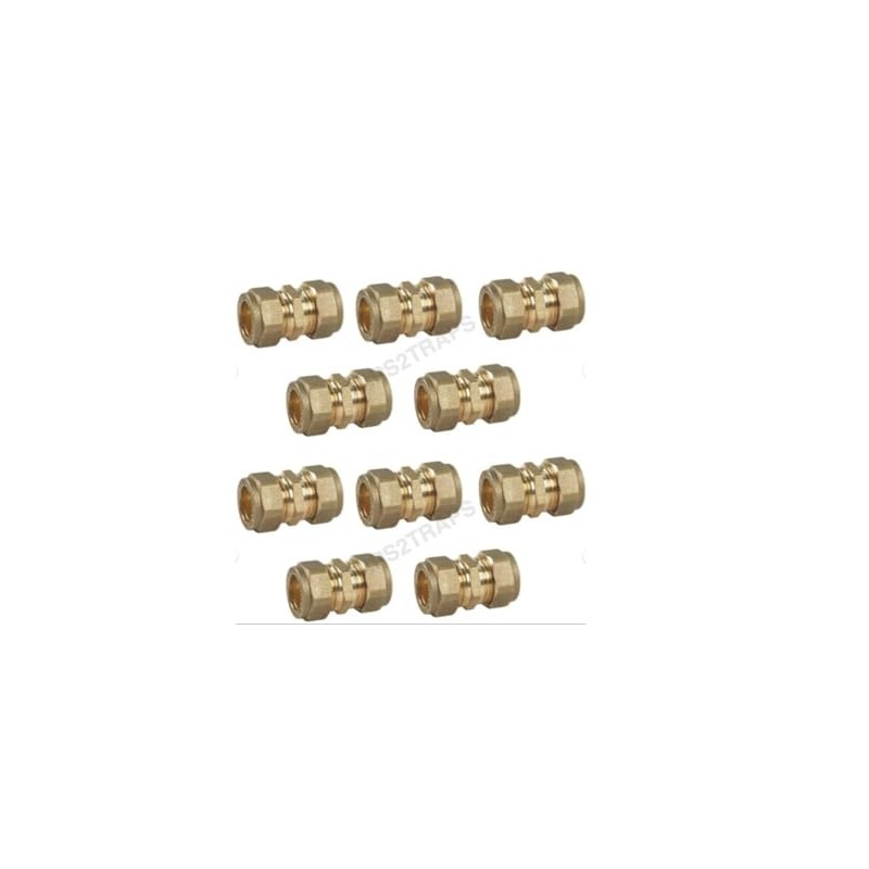 Pack of 10, 15mm Brass Compression Couplers, WRAS Approved Couplings