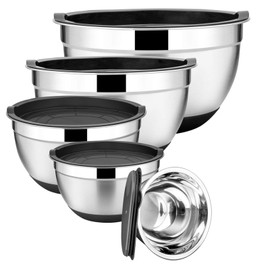 Stainless Steel Mixing Bowls Set of 5, Size 8/5/3/2.5/1.5 QT, E-far Metal Nesting Bowls with Black Airtight Lids, Measurement Marks & Non-Slip Bottoms, Great for Cooking, Baking, Serving, Food Prep