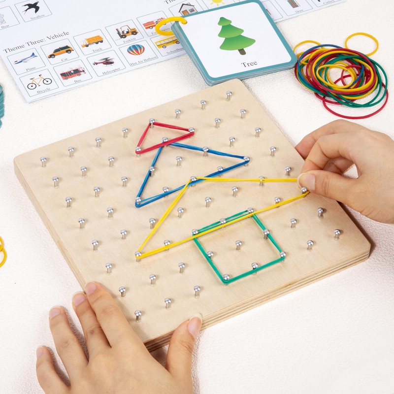 Auvewilo Wooden Geoboard | Cute Flashcards & Rubber Bands Included