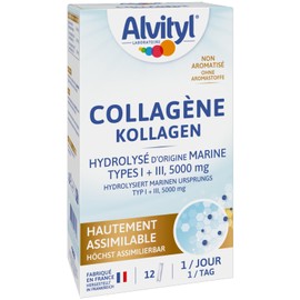 Alvityl Collagen 5000 mg, hydrolyzed, marine origin, type I and III, highly assimilable, no flavourings, no dyes, 12 sticks
