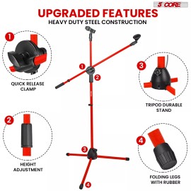 5Core Microphone Stand Dual Mic Clip Boom Arm Foldable Tripod 360 degreeRotating - Red
