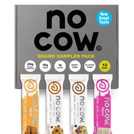No Cow Barritas de proteína veganas, paquete de muestra de marca mejorada | 20 g de proteína vegetal, sin gluten, sin lácteos, sin soja, aptas para dieta cetogénica, bajas en azúcar, altas en fibra