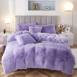Uhamho Faux Fur Velvet Fluffy Bedding Duvet Cover Set Down Comforter Quilt Cover with Pillow Shams, Ultra Soft Warm (Lilac, King)