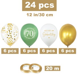 BETESSIN 70 Geburtstag Deko Grün Weiß Gold - 24 Stück Luftballons 70. Geburtstag Mann & Frau - Latex Ballon 12 Zoll - Geburtstagsdeko zum 70. für Frauen & Männer