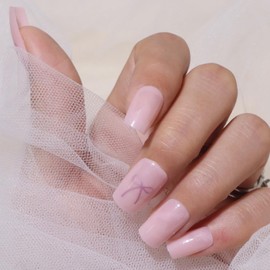 MOTIBACK Press on Nails - 24Pcs Short Square False Nails with 3D Bow, Reusable Stick on Nails for Women (Pink Butterfly)
