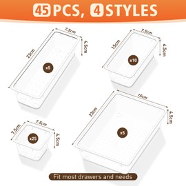 SpaceTrove 45 PCS Clear Plastic Drawer Organizers Set, 4-Size Versatile Bathroom and Vanity Drawer Organizer Trays, Storage Bins for Makeup, Bedroom, Kitchen Gadgets Utensils and Office