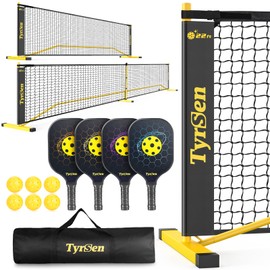 TYRSEN Pickleball Set with Net, 22 FT & Half Court 11 FT Pickleball Net, 4 Fiberglass Rackets, Portable Pickleball Set, Pickle Ball Net System with Carrying Bag for Court, Driveway, Backyards