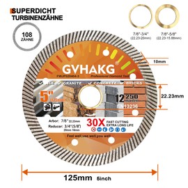 GVHAKG Diamond Cutting Disc, 125 mm, Turbo Thin Diamond Cutting Discs for Tiles, Granite, Marble, Concrete, Ceramic Brick, Diamond Disc for Angle Grinder (3 Pieces)