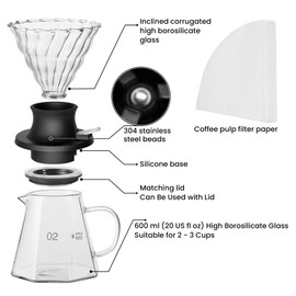 TheJze "Switch" Immersion Dripper Pour Over Coffee Maker -600ml/20oz high borosilicate glass coffee pot，Size 02 pour over coffee dripper& 50 Pcs Virgin pulp filter paper.Exquisite packaging