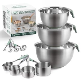 COOK WITH COLOR Stainless Steel Mixing Bowls Set and Measuring Cups- Nesting Bowls with Non-Slip Bottom and Easy-Grip Handles, Sage, 11 Pieces
