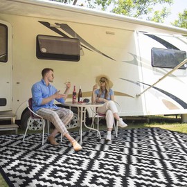 Outdoor Patio Plastic Straw Rug - 9'x12' Outdoor Camping Rug Waterproof Reversible, Area Carpet Patios Clearance RV, Outside Porch Balcony Deck for Camper, Black & White