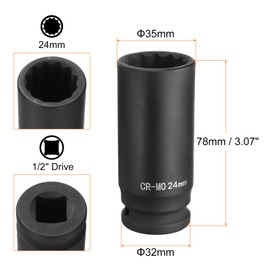 sourcing map 12-Point Deep Impact Socket 1/2 Inch Drive 24mm Metric Chrome Molybdenum Alloy Steel Spindle Axle Nut Impact Socket