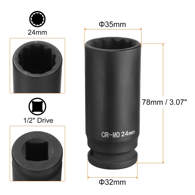 sourcing map 12-Point Deep Impact Socket 1/2 Inch Drive 24mm